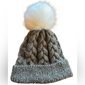 Hat, hand knit, gray, white Pom Pom, cables, wool, acrylic, winter, fall, warm